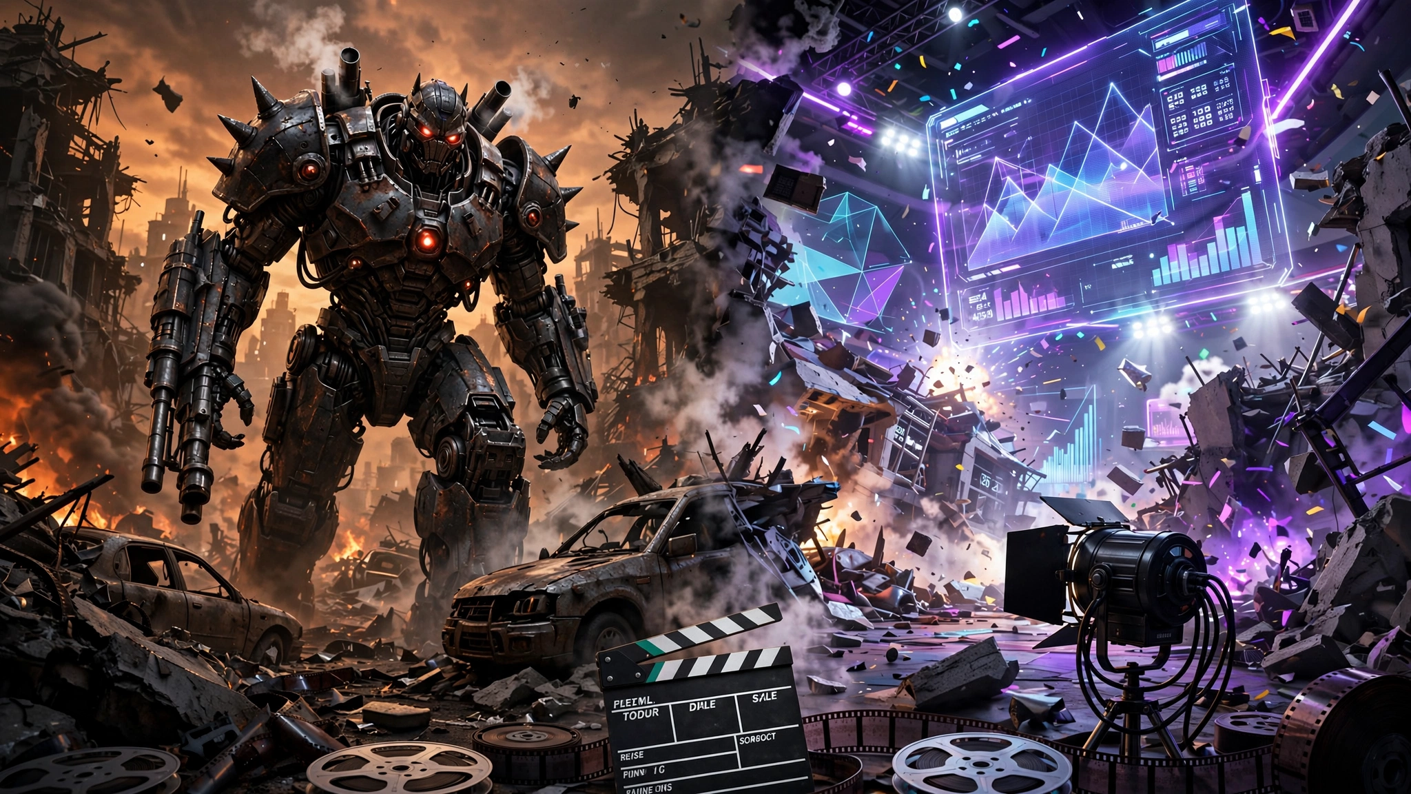 Giant robot machine beside a neon game-show arena with film equipment for the ARC Raiders and The Finals adaptations
