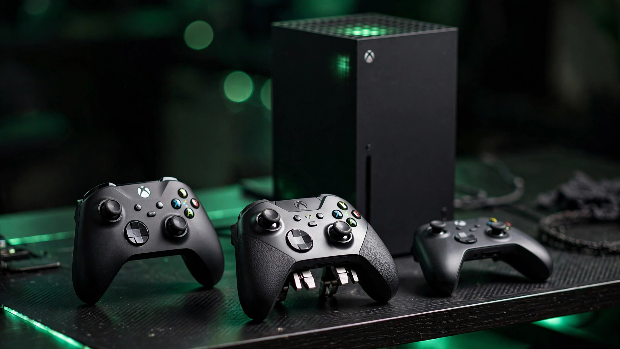 Three Xbox controllers lined up in front of an Xbox Series X console