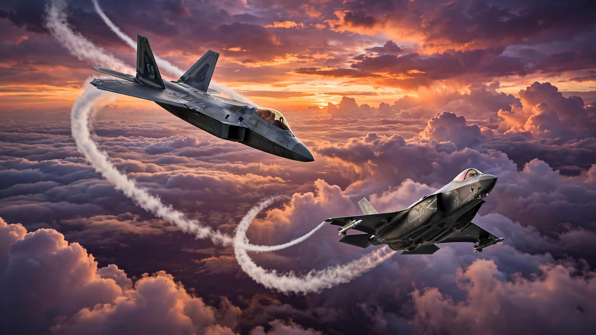 Fighter jets in a dogfight above dramatic clouds at sunset