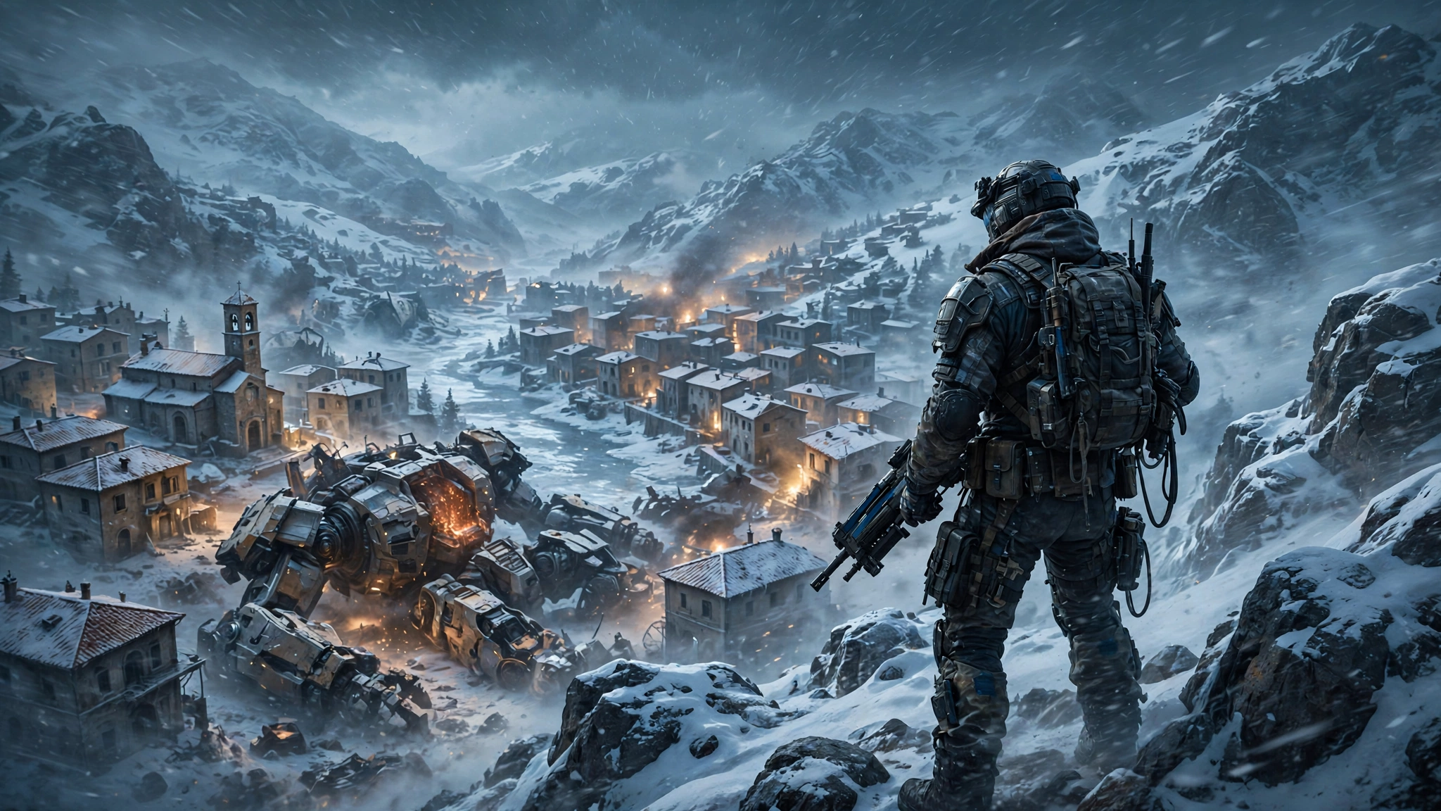An armored raider overlooking a snow-covered frozen village and wrecked giant robot in ARC Raiders