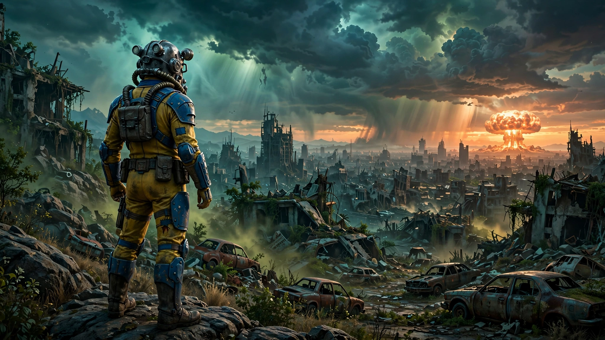 Vault Dweller in power armor overlooking a ruined wasteland city with a mushroom cloud on the horizon