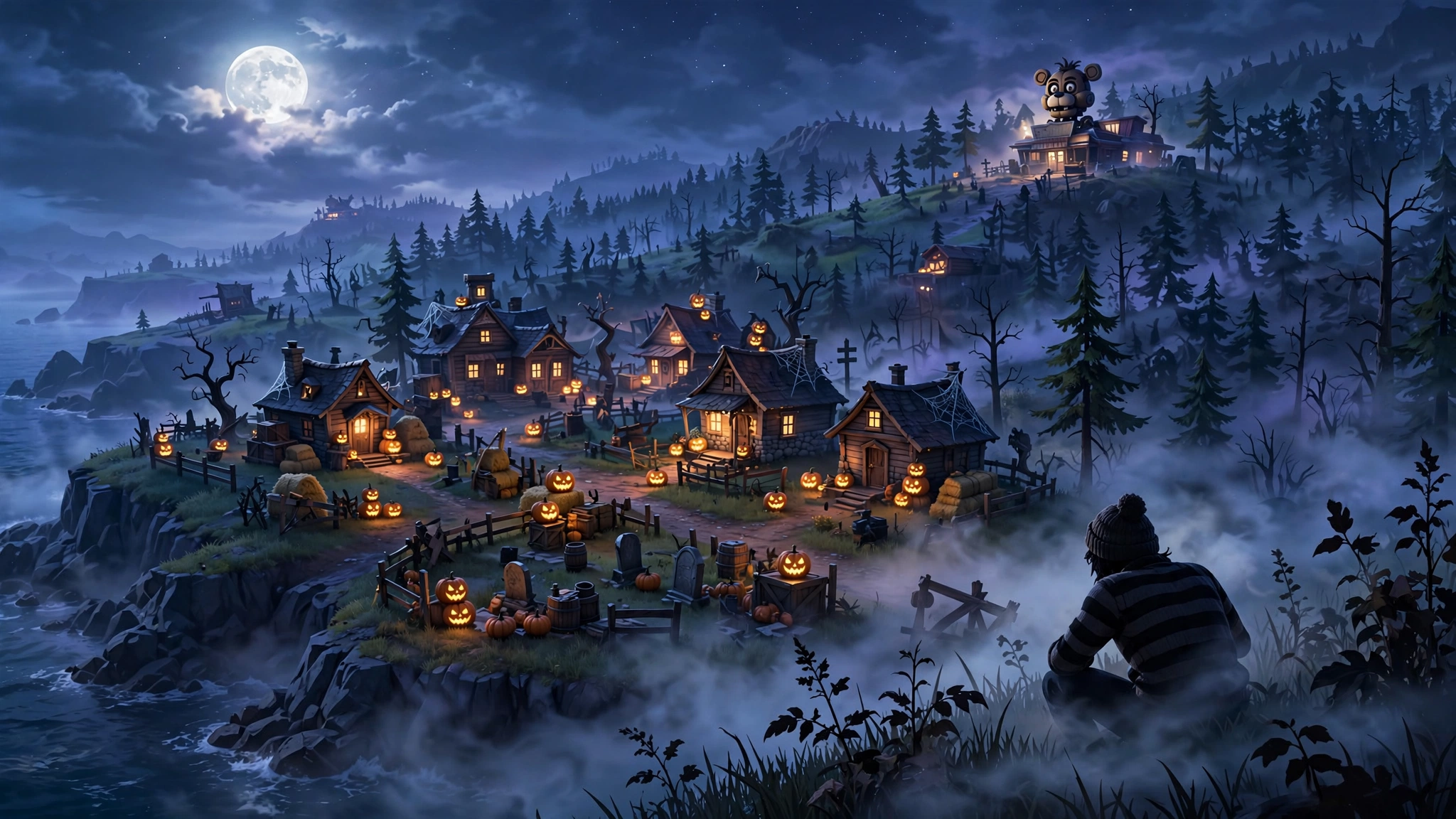 Fortnite Halloween island at night with glowing jack-o'-lanterns and a spooky animatronic pizzeria in the fog