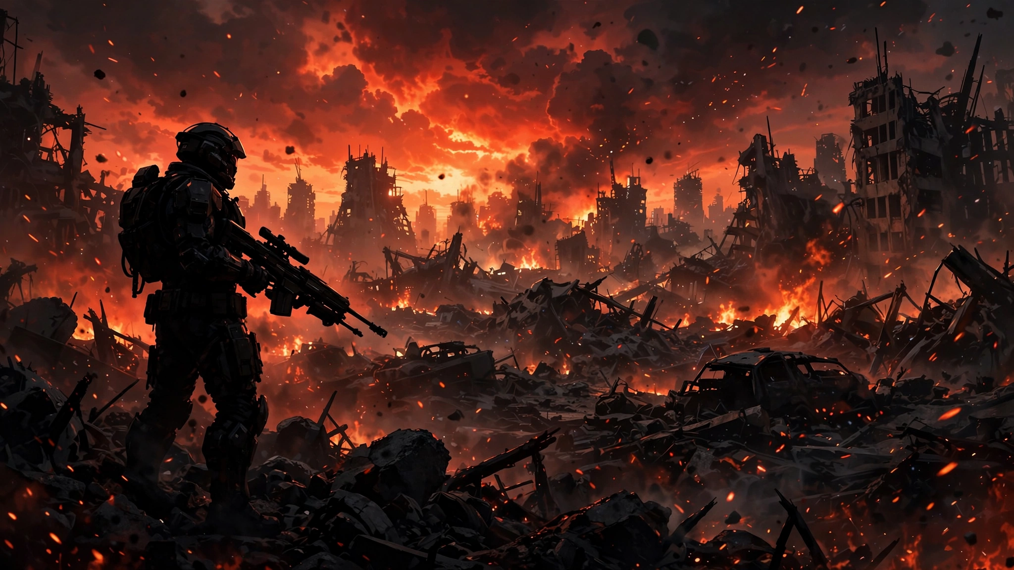 Armored soldier standing in a burning ruined city at dusk