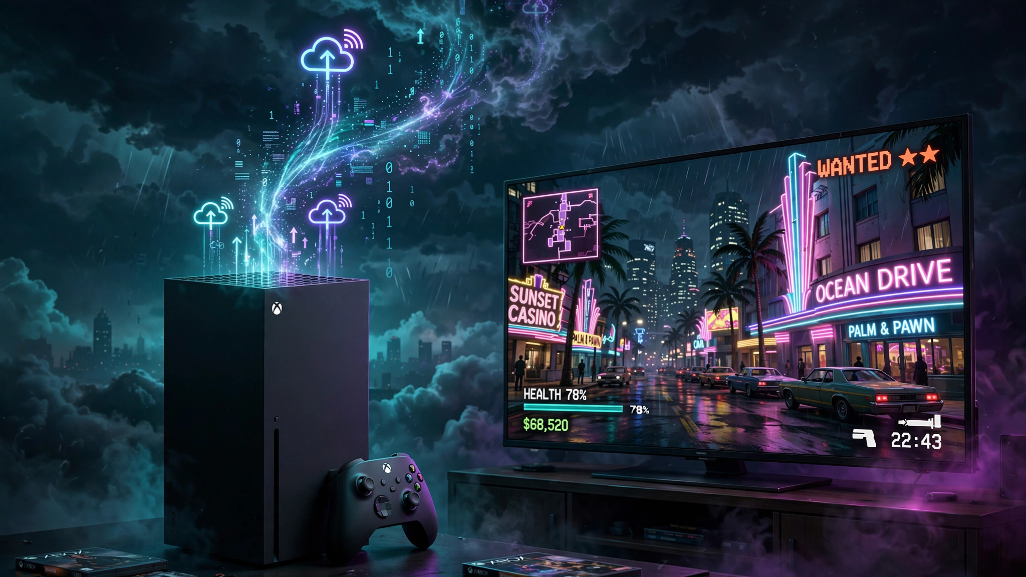 Xbox Series X console with a cloud gaming game scene on a TV screen