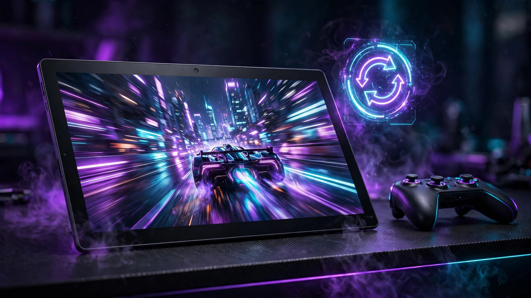 Gaming tablet with a high-refresh-rate display showing a fast-paced game scene