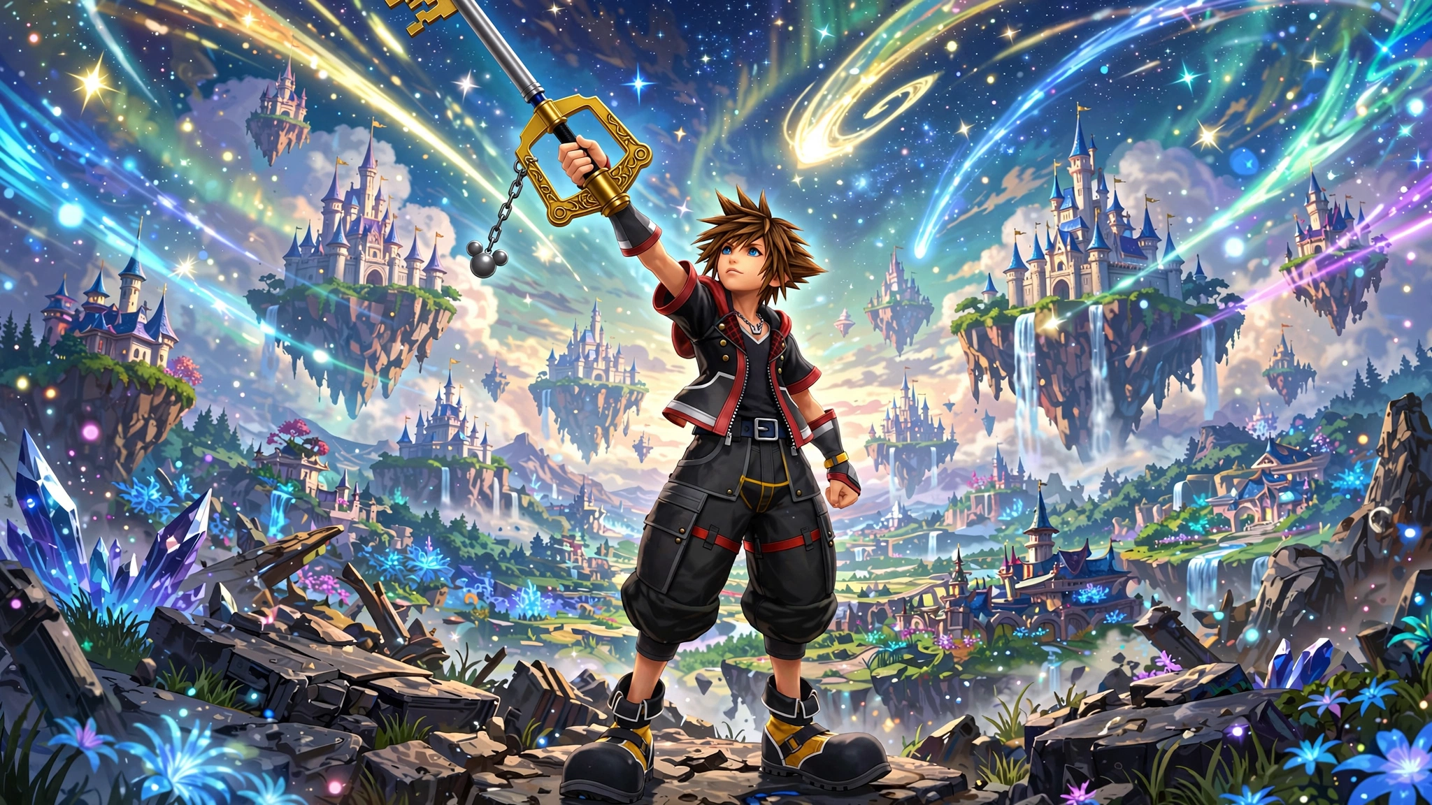 Hero wielding a key-shaped sword on a colorful fantasy battlefield