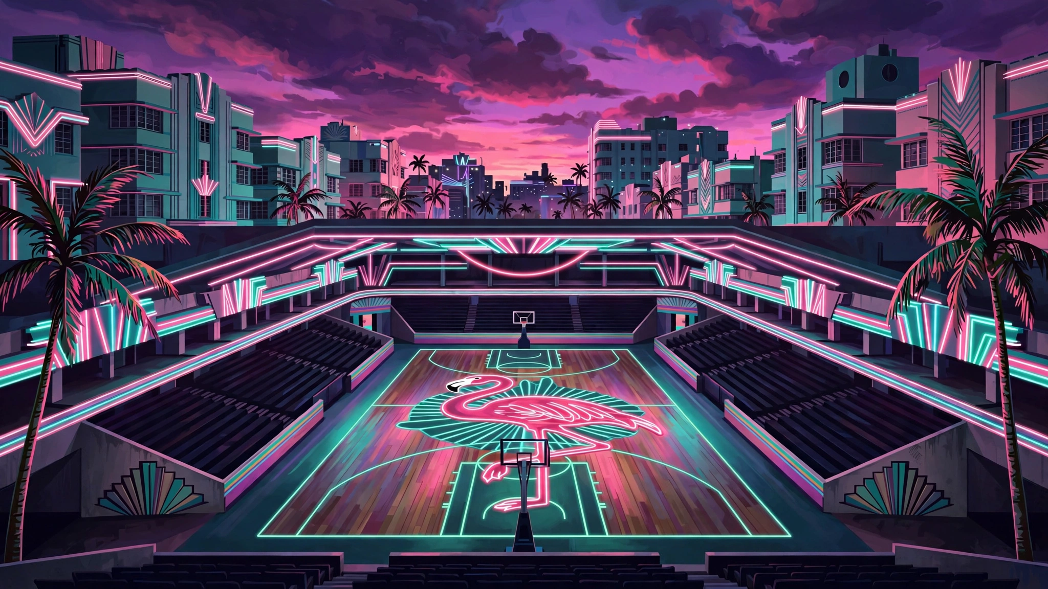Neon-lit Miami basketball arena at night in Vice City style with a glowing court