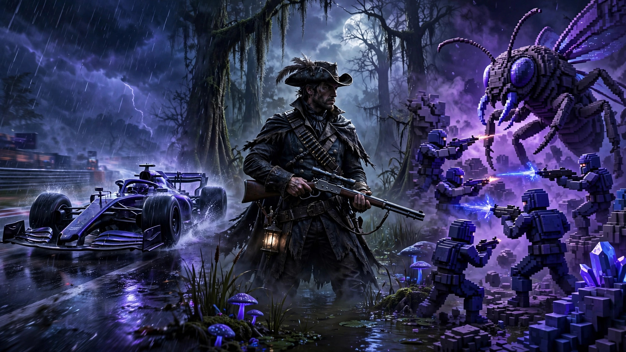 Cinematic key art collage of a Formula 1 race car, a gothic bounty hunter, and voxel soldiers battling a giant insect