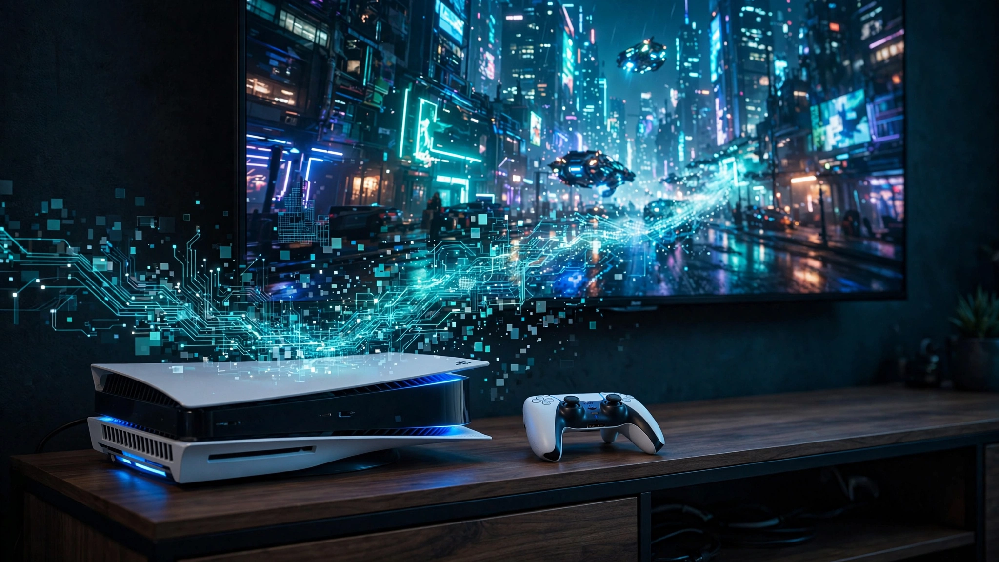 PS5 console with DualSense controller in front of a TV showing a detailed city scene with digital AI effects