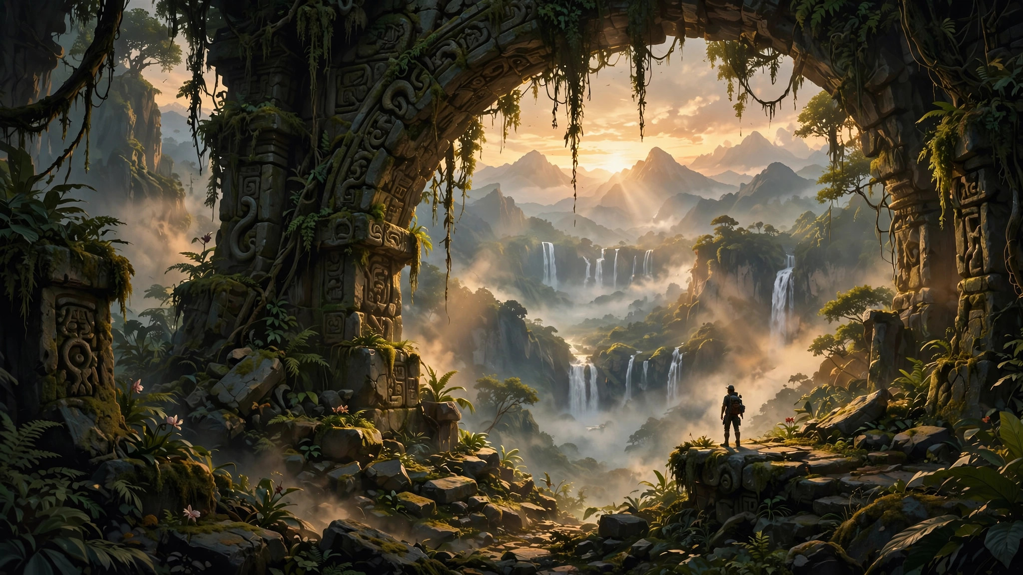Treasure hunter at the moss-covered stone archway of an ancient jungle temple