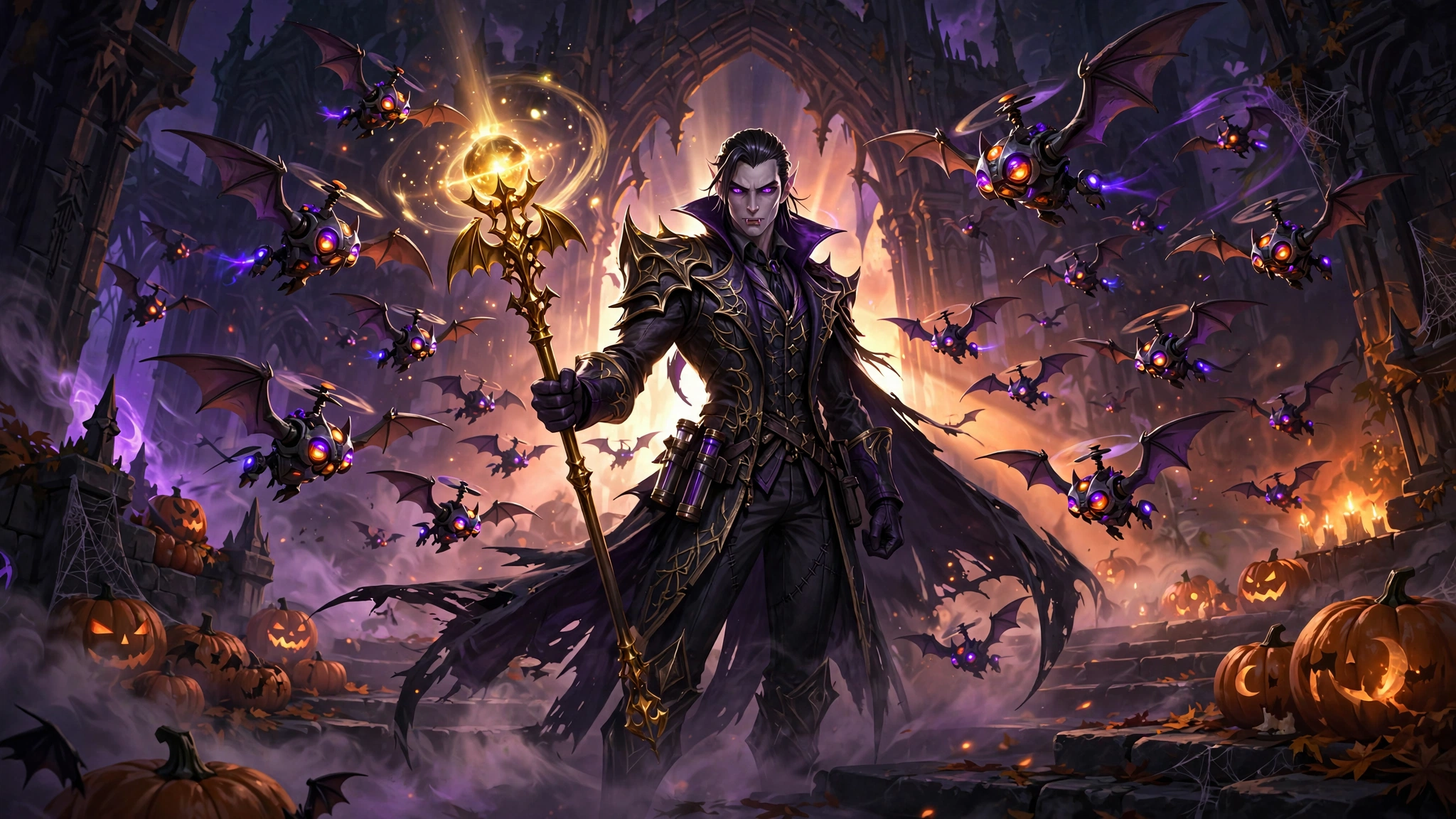 Overwatch vampire hero Doctrine with bat drones in a dark arena